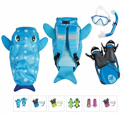 Maska + Šnorchl + Ploutve + Batoh - MARES SEA FRIENDS SET - Juniorský XL Modrá - Ryba