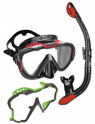 Potápěčská Maska + Suchý Šnorch + Druhý Rám - Mares PURE WIRE SET Černá - Bílá Černo - Zelený rám